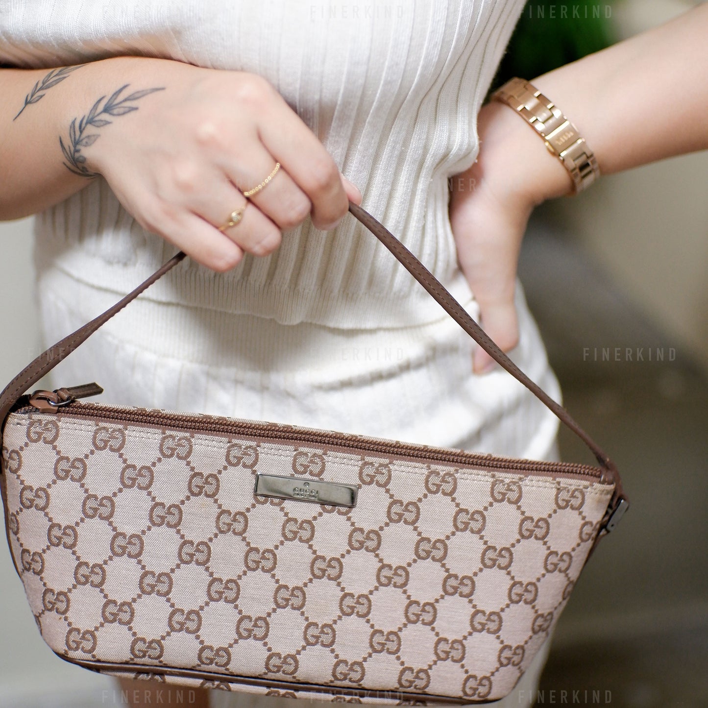 GG Canvas and Espresso Leather Boat Pochette Bag