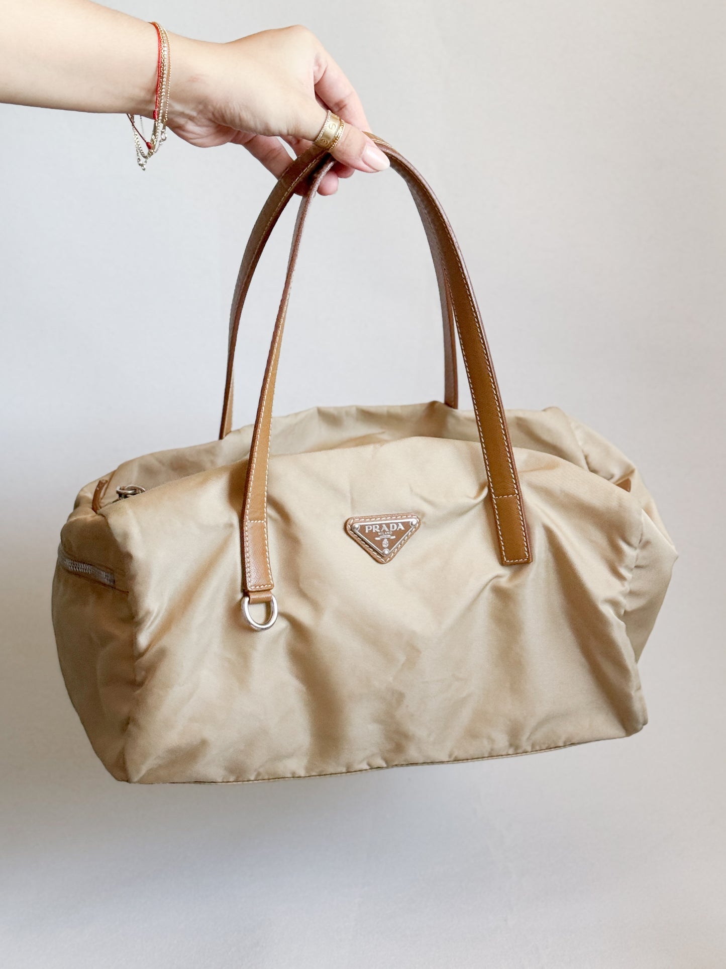 Nylon Mini Duffle Bowler Handbag in Brown