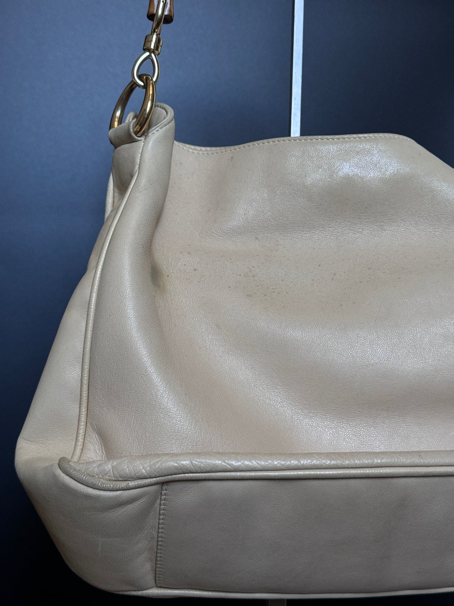 Cream Buttery Soft Leather Bamboo Top Handle Bag