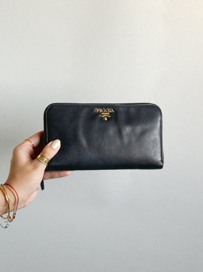 Black Saffiano Leather Zip Around Long Wallet