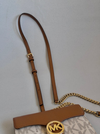 Tan and Off White Wallet on Gold Chain Crossbody Bag