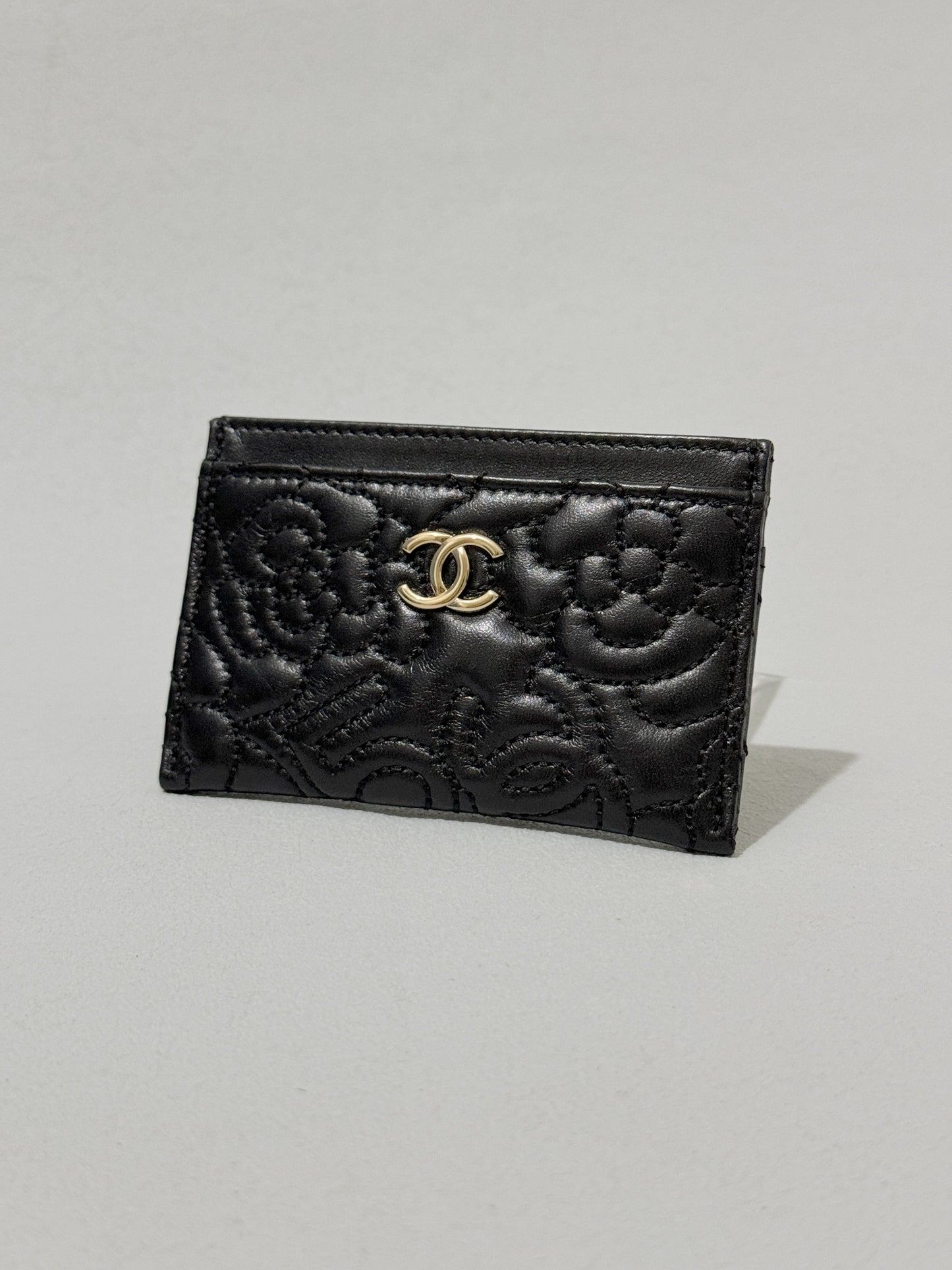Camellia Black Lambskin Leather Champagne Gold Hardware Card Case Series 26