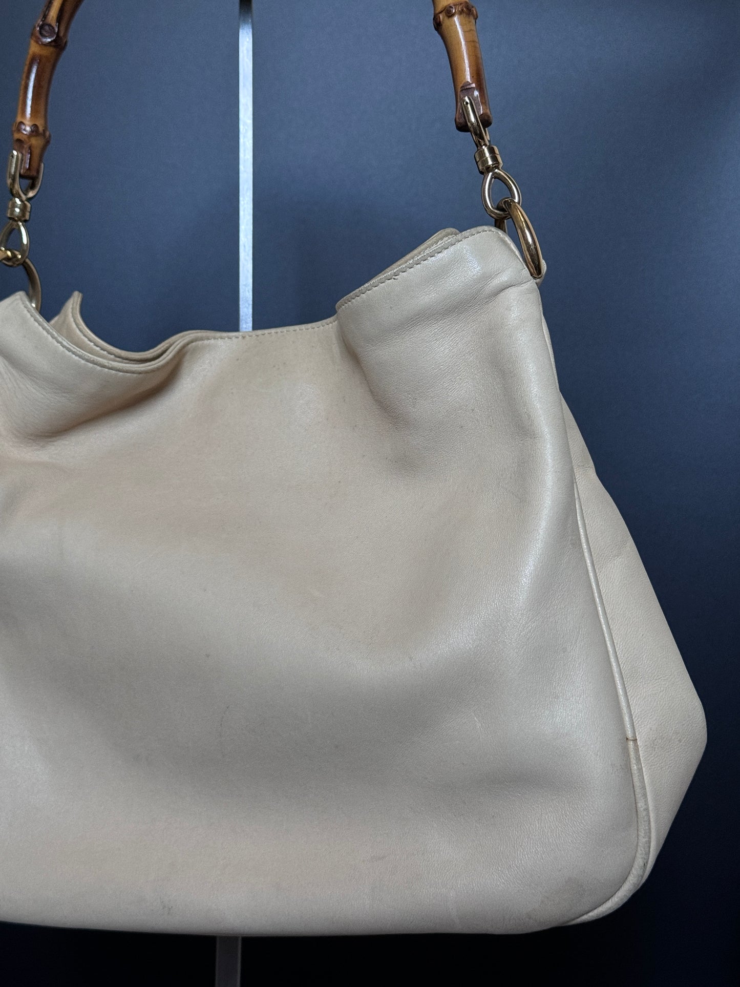 Cream Buttery Soft Leather Bamboo Top Handle Bag