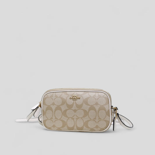 Double Zip Crossbody Pouch in Light Khaki Chalk Signature Canvas